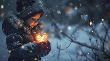 AI generated A child holding a glowing heart in a snowy night. Concept of kindness and help photo