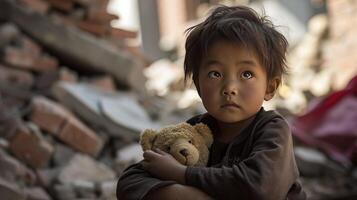 AI generated Unrecognizable kid affected by war, child with teddy bear alone in the middle of earthquake or bomb explosion destruction, sad little boy in destroyed city with a toy photo