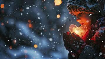 AI generated A child holding a glowing heart in a snowy night. Concept of kindness and help photo