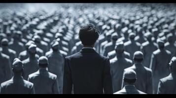 AI generated A man in business attire, standing with a look of quiet resolve amidst a sea of faceless, uniform figures. Individuality versus conformity concept photo