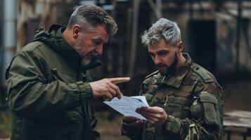 ai generado confidente maduro entrenador de militar formación señalando a notas de estudiante mientras en pie siguiente a él y comprobación puntos de conferencia foto