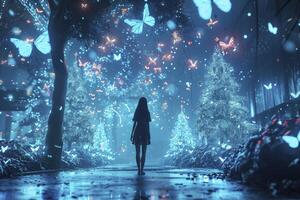 AI generated A sparkling world in neon colors of a blue shade, a thin girl stands in the center and neon butterflies circle her. photo