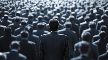 AI generated A man in business attire, standing with a look of quiet resolve amidst a sea of faceless, uniform figures. Individuality versus conformity concept photo