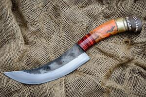AI generated One Stylish Damascus steel kitchen knife on a wooden board photo