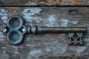 AI generated An old designer key with a lock decoration lies on a wooden background photo