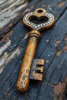 AI generated An old designer key with a lock decoration lies on a wooden background photo