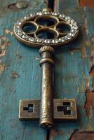 AI generated An old designer key with a lock decoration lies on a wooden background photo