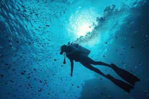 ai generado un hombre escafandra autónoma buceo en el profundo azul mar submarino foto