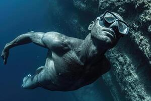 ai generado el apneísta con rapidez nada a el superficie de el agua desde el fondo dentro el mar foto