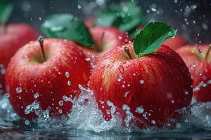 AI generated The red apples fell into the water . Splash of water photo