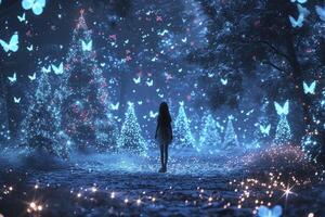 AI generated A sparkling world in neon colors of a blue shade, a thin girl stands in the center and neon butterflies circle her. photo