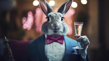 AI generated A rabbit holding up a glass of wine in the Party. photo