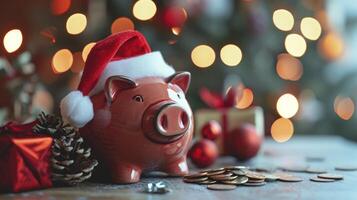 ai generado festivo cerdito banco con Papa Noel sombrero y regalo monedas celebracion foto