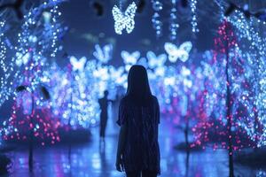 AI generated A sparkling world in neon colors of a blue shade, a thin girl stands in the center and neon butterflies circle her. photo