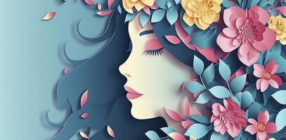 AI generated Illustration of face and flowers style paper cut with copy space for international women's day photo