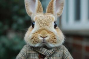 AI generated Stylish bunny in warm clothes outdoors photo