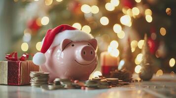 ai generado festivo cerdito banco con Papa Noel sombrero y regalo monedas celebracion foto