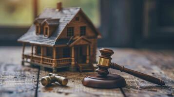 AI generated Judge auction and real estate concept. Law hammer and house model. Real estate law. Taxes and profits invested in real estate and home purchase. photo
