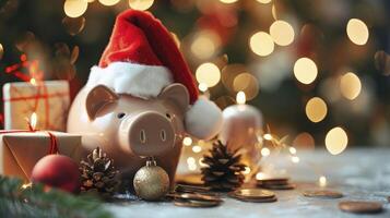 ai generado festivo cerdito banco con Papa Noel sombrero y regalo monedas celebracion foto