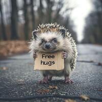 AI generated Adorable spiky hedgehog standing on a deserted street with his arms wide open for a hug. The cardboard has writing on it that says Free hugs. photo