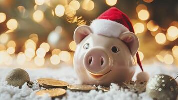 ai generado festivo cerdito banco con Papa Noel sombrero y regalo monedas celebracion foto