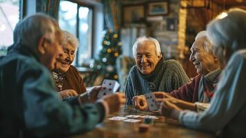 ai generado contento alegre grupo de personas mayores jugando tarjetas foto