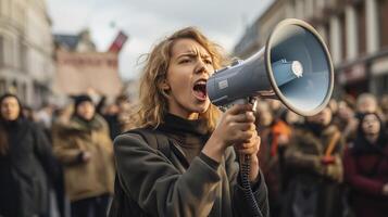 AI generated Female activist shout into a megaphone surrounded by a crowd of people protesters during a popular rally. Public opinion and disapproval, demonstration, protest. photo