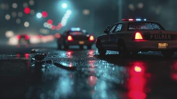 AI generated Idea for an action film. On a foggy, dark background, police cars and a miniature movie are displayed. A nighttime pursuit by a police cruiser. accident at the crime scene photo