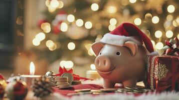 ai generado festivo cerdito banco con Papa Noel sombrero y regalo monedas celebracion foto