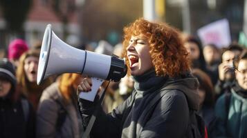 ai generado hembra activista gritar dentro un megáfono rodeado por un multitud de personas manifestantes durante un popular reunión. público opinión y desaprobación, demostración, protesta. foto