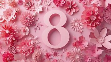 AI generated Number 8 in a Pink Floral Design. Premium Paper Cut Banner with Flowers and copy-space, to Celebrate International Woman's Day photo