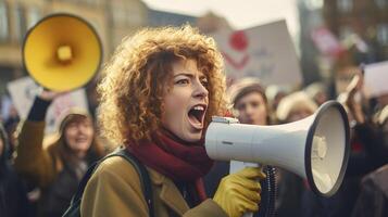 ai generado hembra activista gritar dentro un megáfono rodeado por un multitud de personas manifestantes durante un popular reunión. público opinión y desaprobación, demostración, protesta. foto