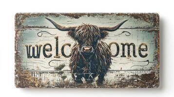 AI generated scottish highland cattle with big horns with welcome sign photo