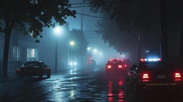 AI generated Idea for an action film. On a foggy, dark background, police cars and a miniature movie are displayed. A nighttime pursuit by a police cruiser. accident at the crime scene photo
