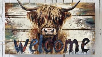 AI generated scottish highland cattle with big horns with welcome sign photo