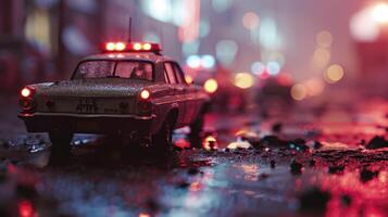 AI generated Idea for an action film. On a foggy, dark background, police cars and a miniature movie are displayed. A nighttime pursuit by a police cruiser. accident at the crime scene photo