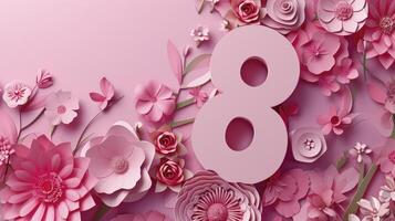 AI generated Number 8 in a Pink Floral Design. Premium Paper Cut Banner with Flowers and copy-space, to Celebrate International Woman Day photo