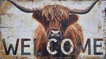 AI generated scottish highland cattle with big horns with welcome sign photo