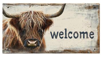 AI generated scottish highland cattle with big horns with welcome sign photo
