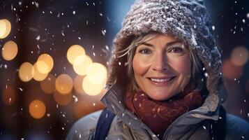 AI generated Evening portrait of cheerful middle aged woman on winter street illuminated by vibrant night lights photo
