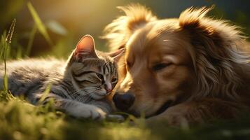 AI generated Endearing cat and cute dog lie side by side on sun drenched grass, basking in warmth and harmony photo