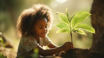 AI generated Little girl carefully plants tree sapling in ground of sunlight garden creating heartwarming scene photo