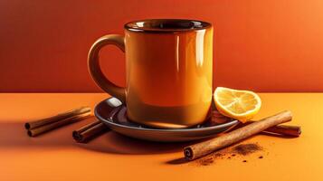 AI generated Mug of mulled wine with cinnamon sticks on warm brown background creates atmosphere of cozy comfort photo