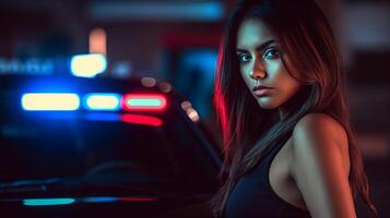 AI generated Pretty escort girl sex worker nighttime street portrait in flashing lights of police car photo