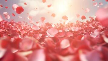 AI generated Red rose petals gently falling in soft sunlight, fragile feminine background photo