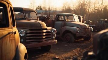 AI generated Car dump with old rusting vehicles forming graveyard of abandoned cars, passage of time photo