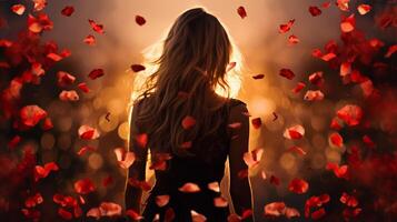 AI generated Back view of long haired young girl stands bathed in sunlight under red rose petals gently cascade photo