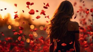 AI generated Back view of long haired young girl stands bathed in sunlight under red rose petals gently cascade photo