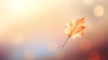 AI generated Single autumn leaf gently fall against vivid colorful minimalistic backdrop, copy space photo