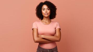 AI generated Confident black woman stands with crossed arms against soothing solid beige pink backdrop photo